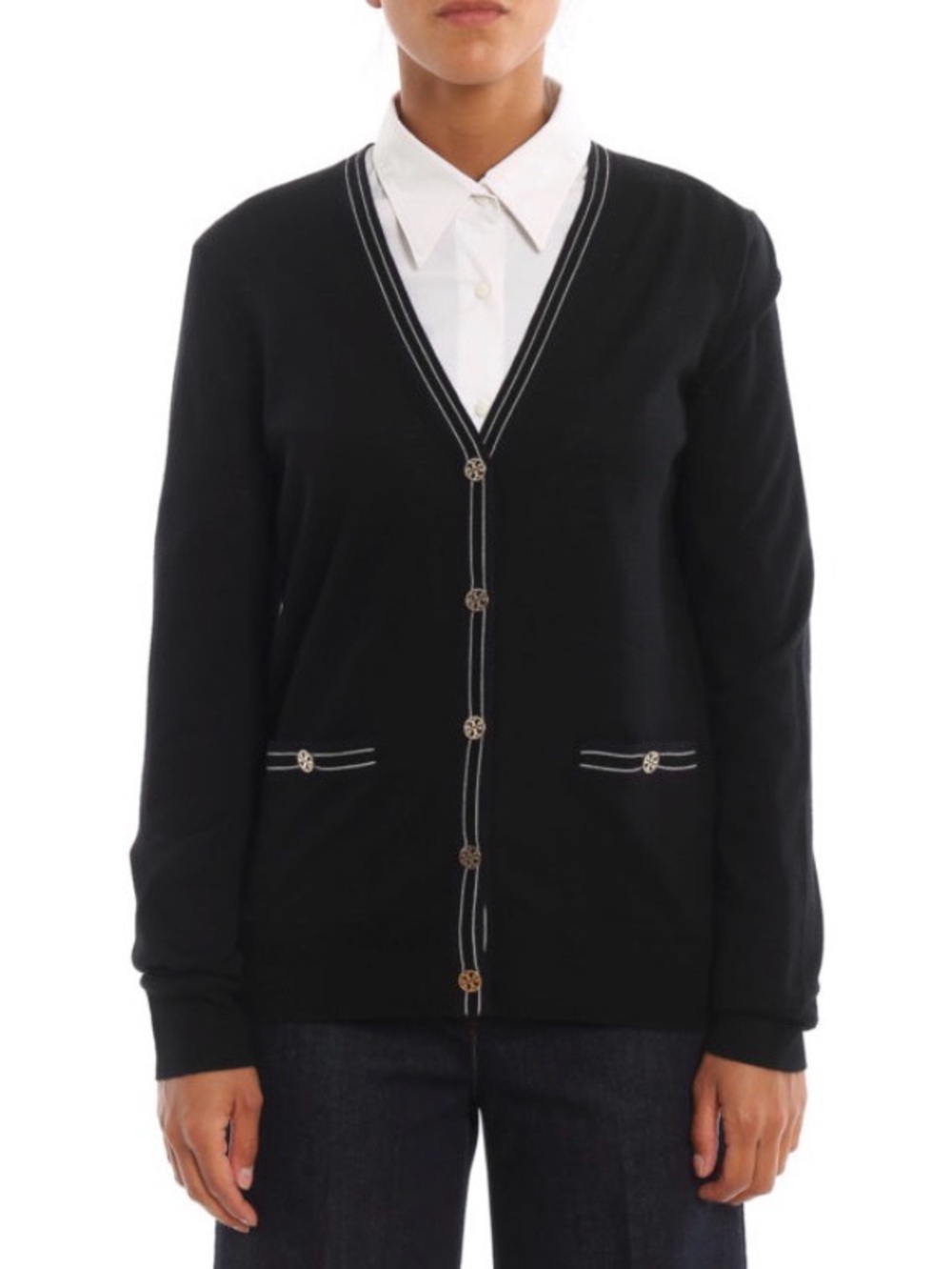 Tory Burch Madeline Black Wool V‑Neck Cardigan with White Trim